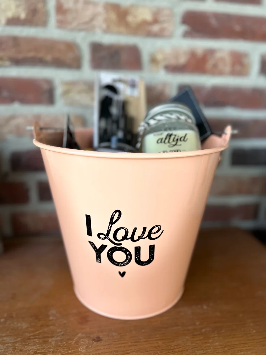 Cadeaupakket Zinken emmer I Love You met vanillekaars/sleutelhanger/wijnwaterglas/metalen waxinehouder/onderzetter - Afbeelding 2