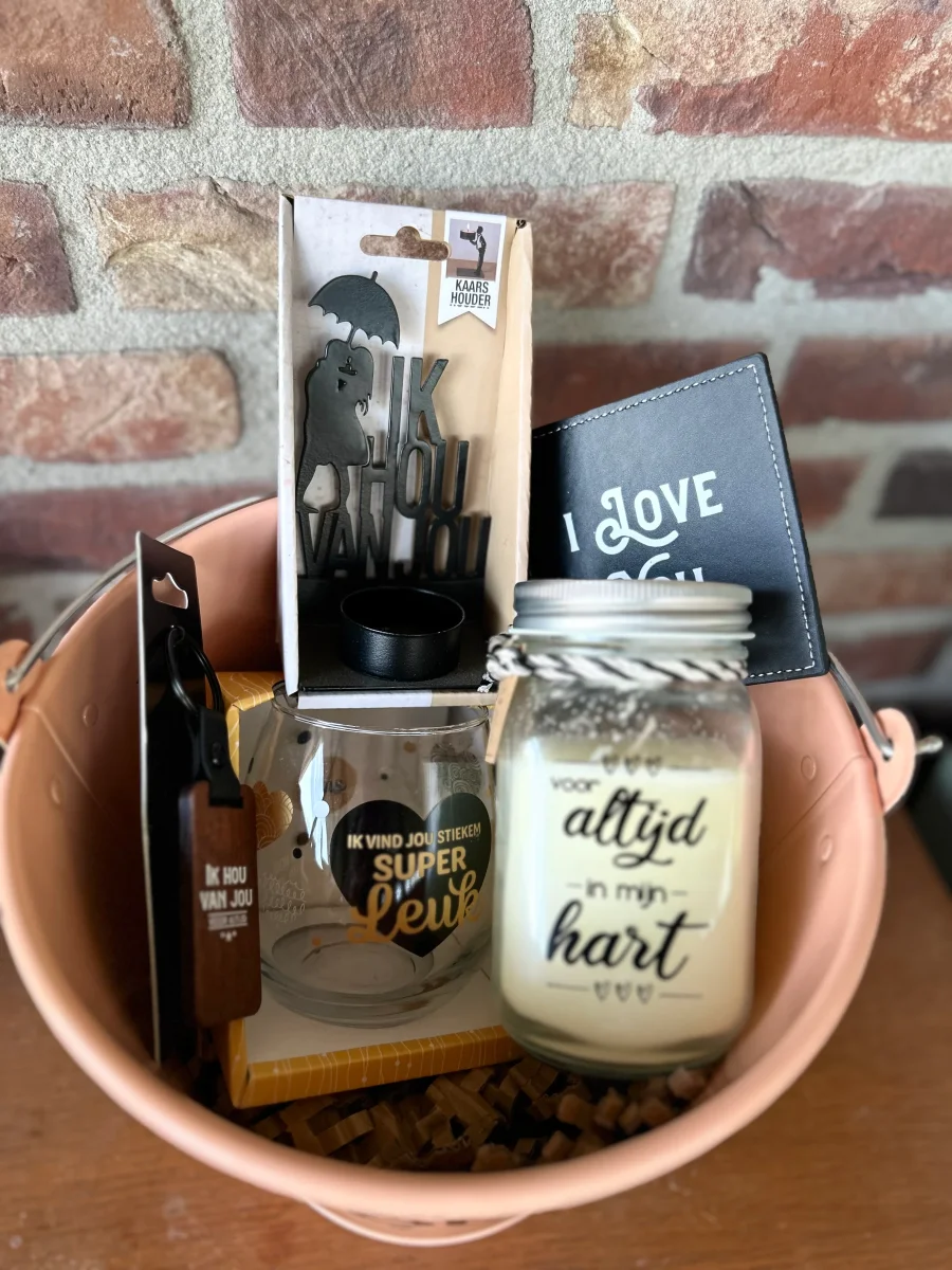 Cadeaupakket Zinken emmer I Love You met vanillekaars/sleutelhanger/wijnwaterglas/metalen waxinehouder/onderzetter - Afbeelding 4